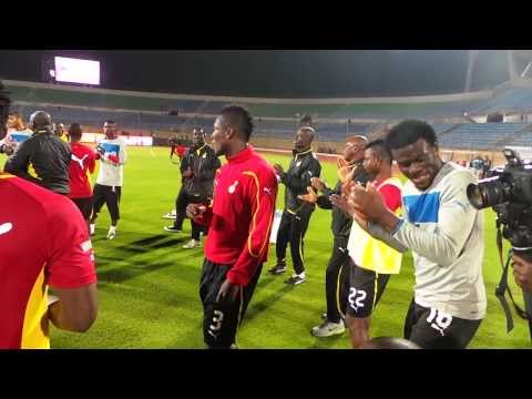 Ghana players sing before their World Cup playoff against Egypt in Cairo