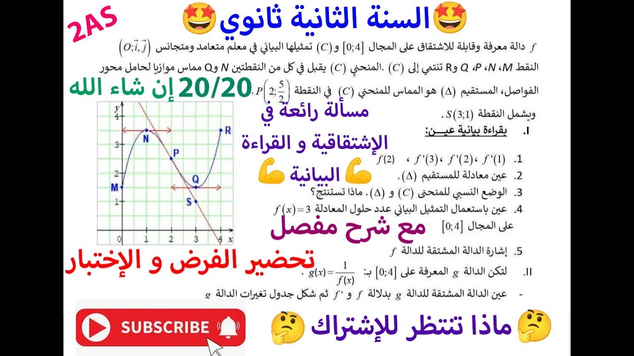 (🤩​ و مزال القادم أفضل🤩​)📢​السنة الثانية ثانوي 📢- مسألة رائعة رائع حول الإشتقاقية و القراءة البيانية
