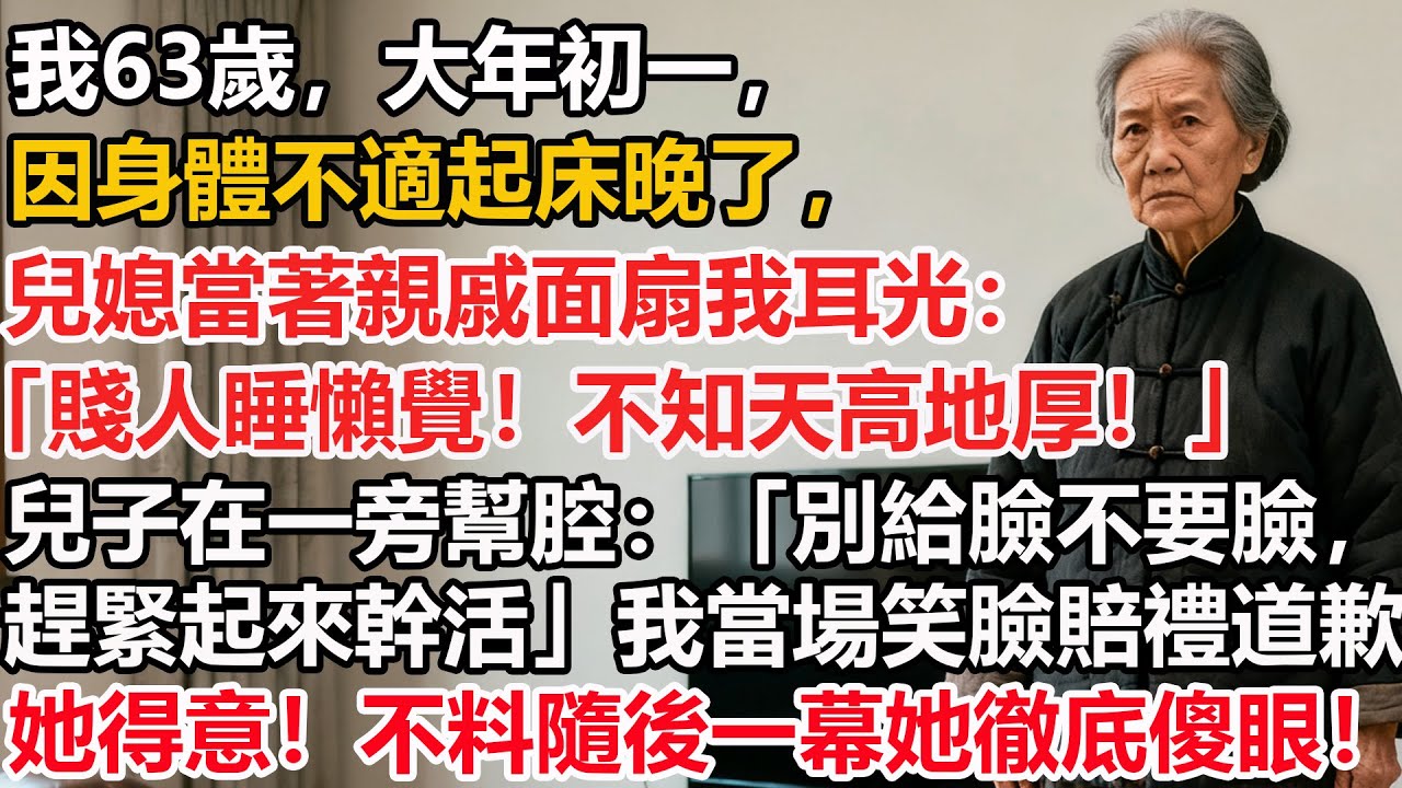 【我63歲】大年初一，因身體不適起床晚了，兒媳當著親戚面扇我耳光：「賤人睡懶覺！不知天高地厚！」兒子在一旁幫腔：「別給臉不要臉，趕緊起來幹活」我當場笑臉賠禮道歉，她得意！不料隨後一幕她徹底傻眼！