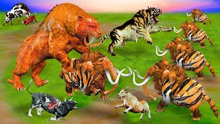 African Elephant Vs 9 Giant Tigers Lion Attack Camel, 6 Zebra Saved by Woolly Mammoth Vs Tiger Panda