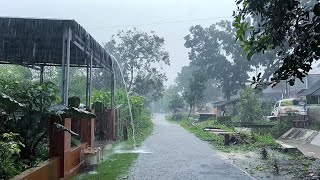 Heavy rain in beautiful village life||indonesian village||walking in the rain