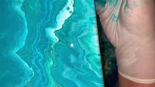 Beautiful deep ocean Peacock and viridian dirty pour acrylic painting