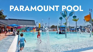 Splash Pad, Water Slide, and Pool in Paramount Park Pool with kids.