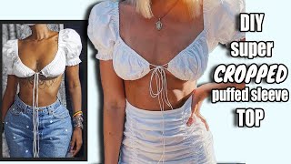 DIY Milkmaid Gathered Bust Puffed Sleeve Tie Front Crop Top | CottageCore