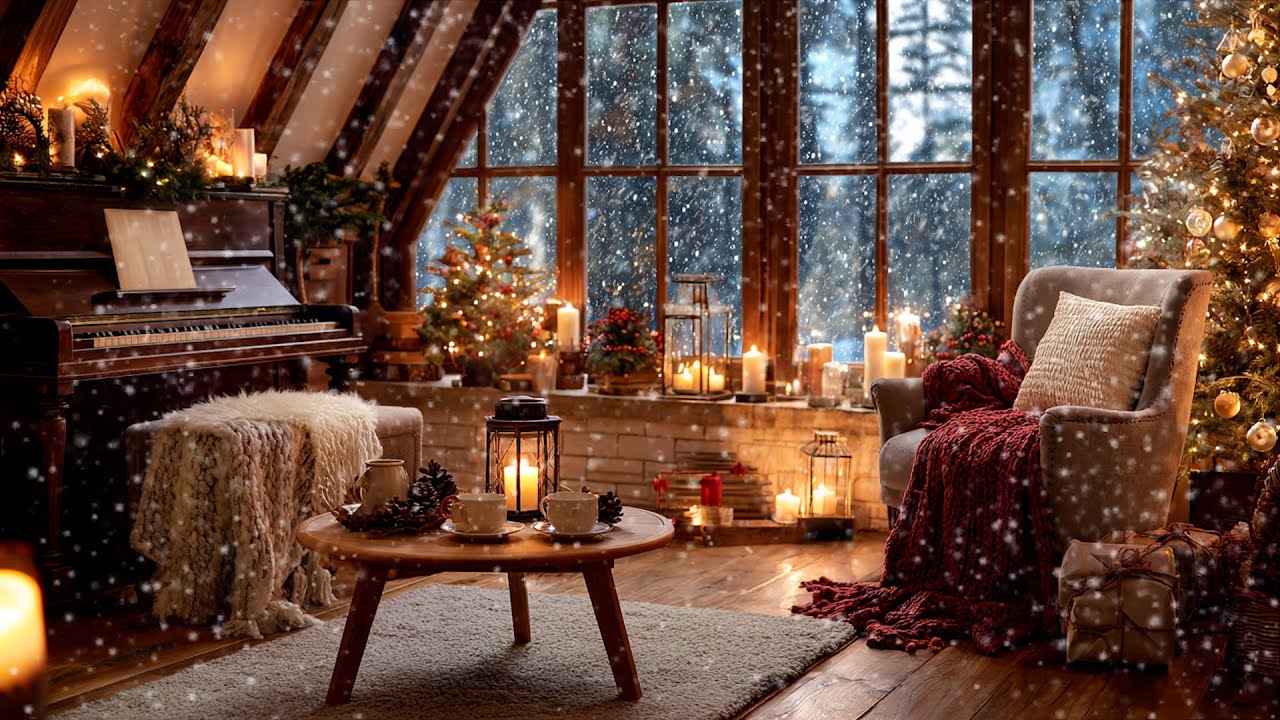 Cozy Christmas Cabin 🎄 Warm Fireplace, Snow Falling & Soft Piano Music ...