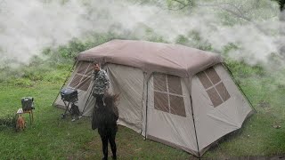 CAMPING WITH A 3-ROOM TENT IN FOGGY AND WINDY WEATHER