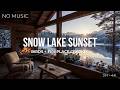 Snowy Lake Sunset (NO MUSIC) | Fireplace Crackle + Winter Birdsong (3 Hours, 4K)