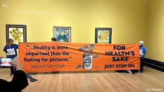 Health professionals’ solidarity action for Van Gogh soup throwers
Health professionals unfurled a large banner in front of Van Gogh’s Sunflower paintings at the National Gallery, in solidarity with 2 young Just Stop Oil supporters serving long sentences who threw soup at the glass-encased artwork in 2022. Read more at: http://realmedia.press/van-gogh-solidarity-banner-protest Health professionals’ solidarity action for Van Gogh soup throwers