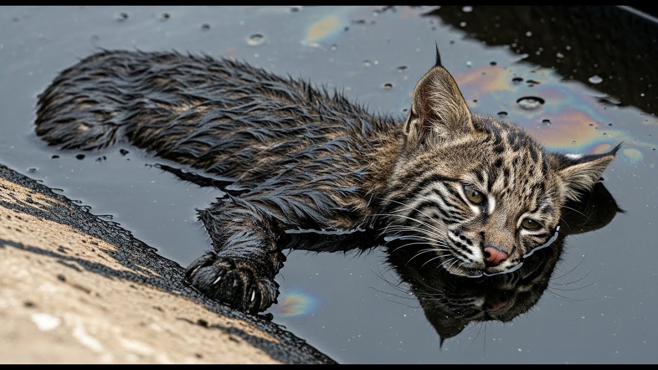 Drowning in BLACK OIL, This Bobcat Cub Was Ready to Die—Until a Stranger Risked Everything