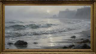 Foggy Shoreline Oil Painting 🌊 4K Frame TV Art 2 Hours | Moody Coastal Calm in Gold Frame screenshot 4