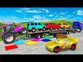 Flatbed Trailer McQueen Transportation with Truck - Speedbumps vs Cars vs Train - BeamNG.Drive #11