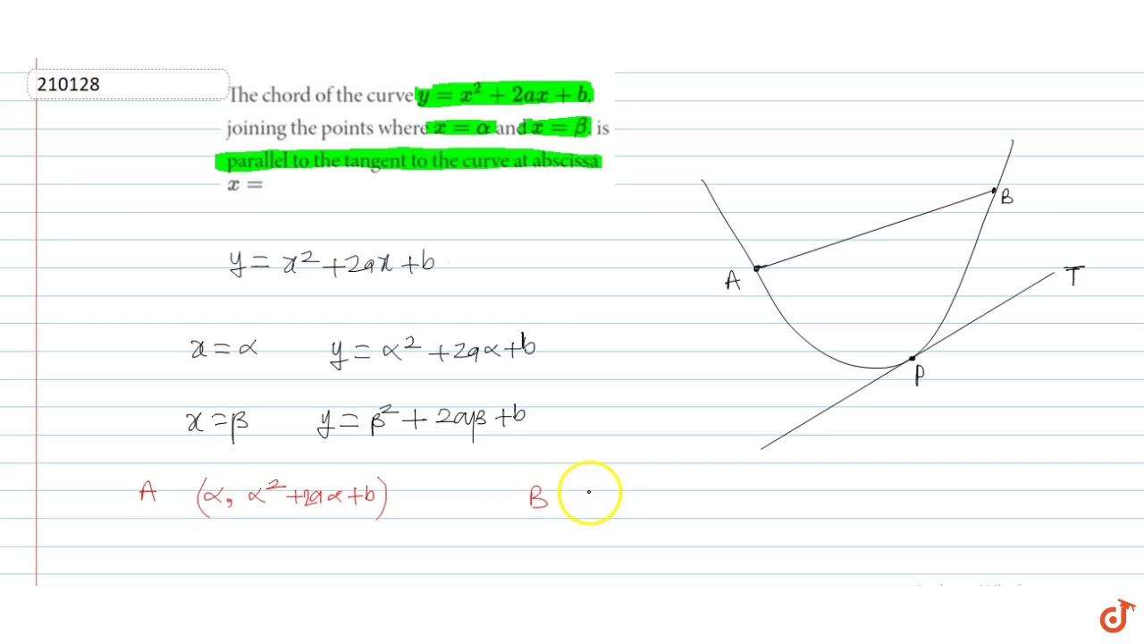 The Chord Of The Curve Y X 2 2ax B Joining The Points Where X Alpha And X Beta Youtube