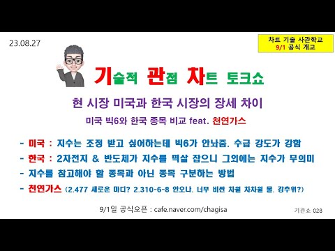 [기술적 관점 <strong>차트</strong> 토크쇼] 현 시장 미국과 <strong>한국</strong> 시장의 장세 차이/ 미국 빅6와 <strong>한국</strong> 종목 비교 / 33:00~ 쳔연가스  230827