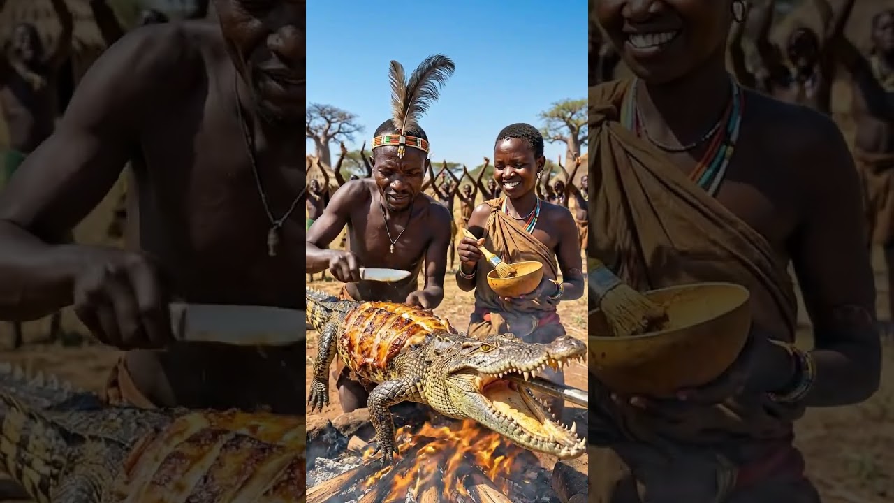 Hadzabe Tribe Grills Whole Crocodile 