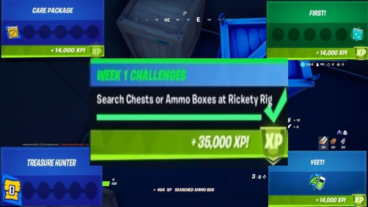 Search chests or ammo boxes at Rickety Rig Fortnite Season 3 Week 1