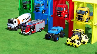 GARAGE COLOR ! TRANPORTING MIX TRUCK, BALLS TRACTOR, FIRE DEPARTMENT, BIG CARS !