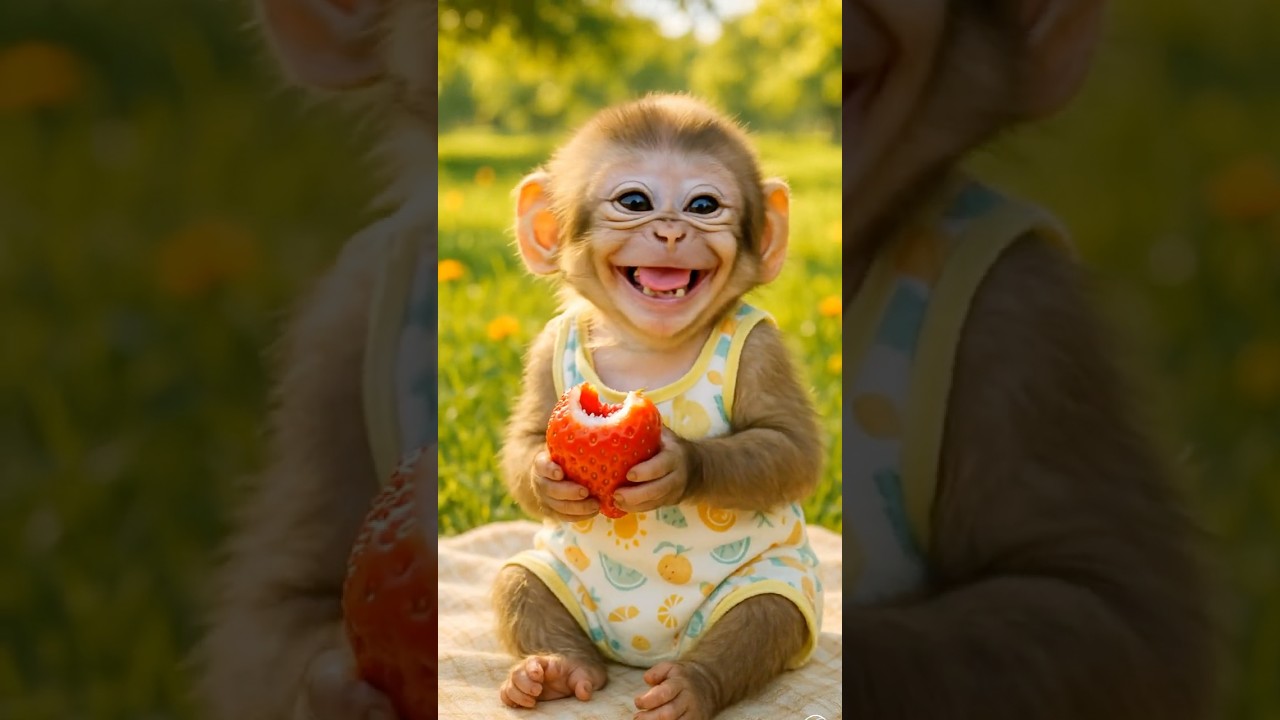 Baby Monkey’s First Strawberry Bite 🍓🐵