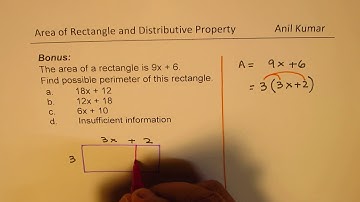 Area of Rectangle is 9x + 6 Find Perimeter Distributive Property Geometric Illustration Application