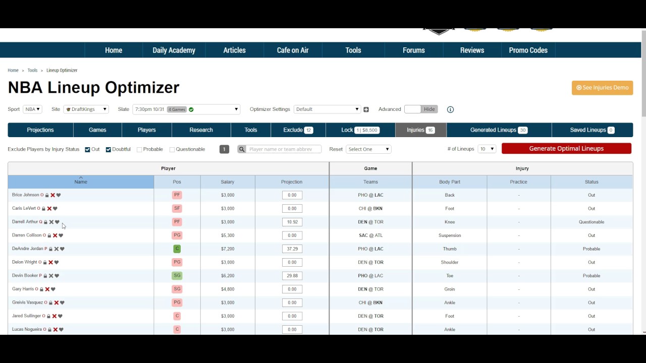 Injuries Demo NBA Lineup Optimizer YouTube Injuries Demo NBA Lineup Optimizer YouTube
