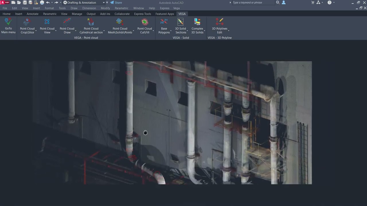 VEGA - Cylindrical section and locating a pipe center with minimum Point cloud points