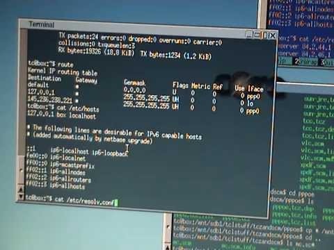 Tiny Core Linux pppoe DSL setup (showing ifconfig resolv.conf route at the end)