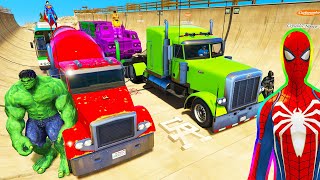 Spiderman Mack Trucks Mega Ramp Challenge ! Superhero Goku Disney Mcqueen Miss Fritter Race - Gta V