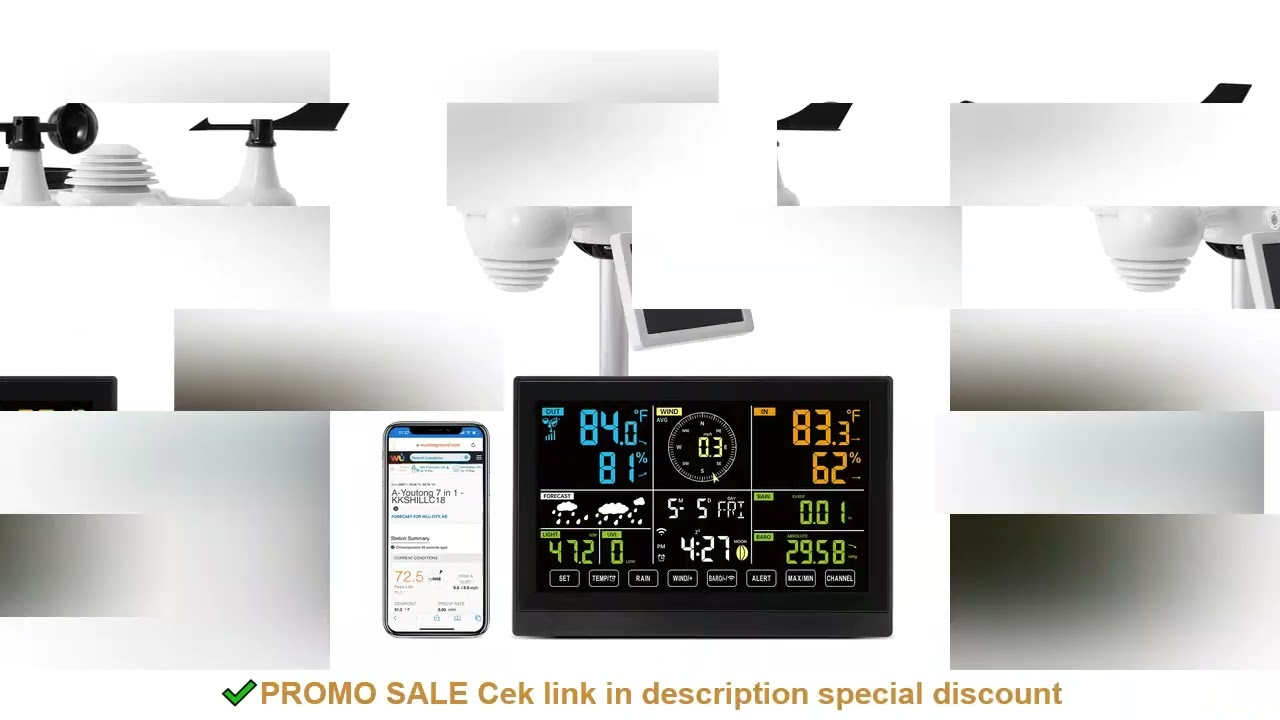 SucceBuy 7-in-1 Wi-Fi Weather Station 7.5 in Color Display + Solar Wireless Outdoor Sensor Alarm Ale