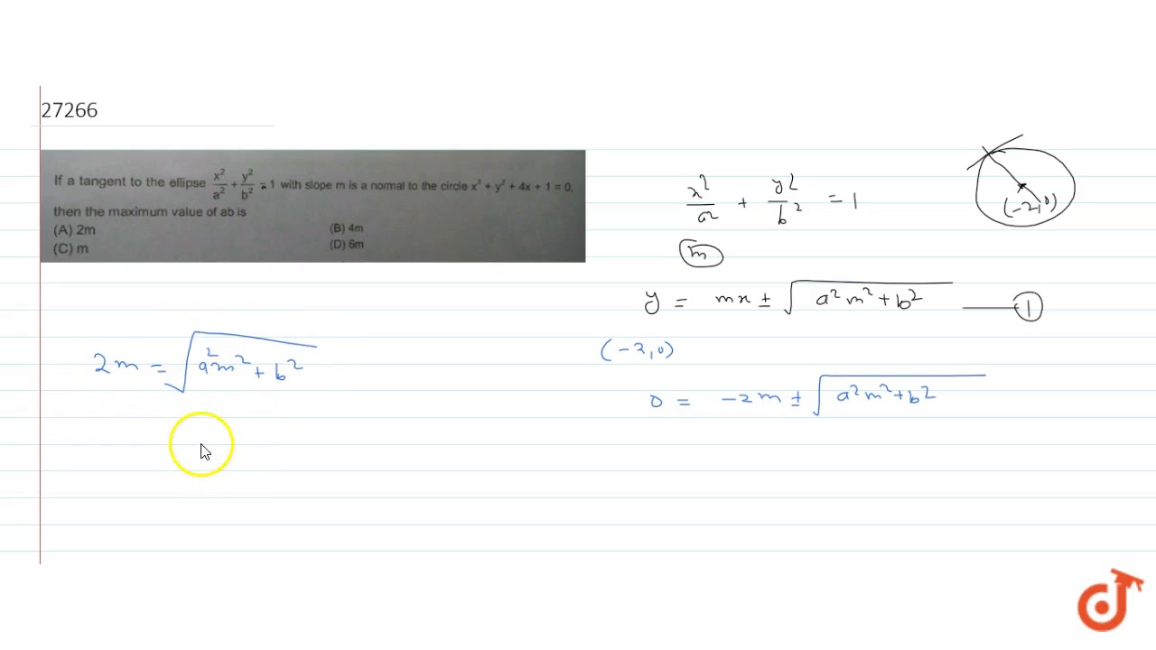 If A Tangent To The Ellipse X 2 A 2 Y 2 B 2 1 With Slope M Is A Normal To The Circle X 2 Y Youtube