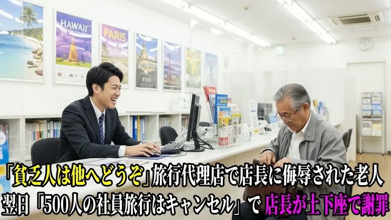 「貧乏人は他へどうぞ」旅行代理店で店長に侮辱された老人。翌日「500人の社員旅行はキャンセル」で店長が土下座で謝罪