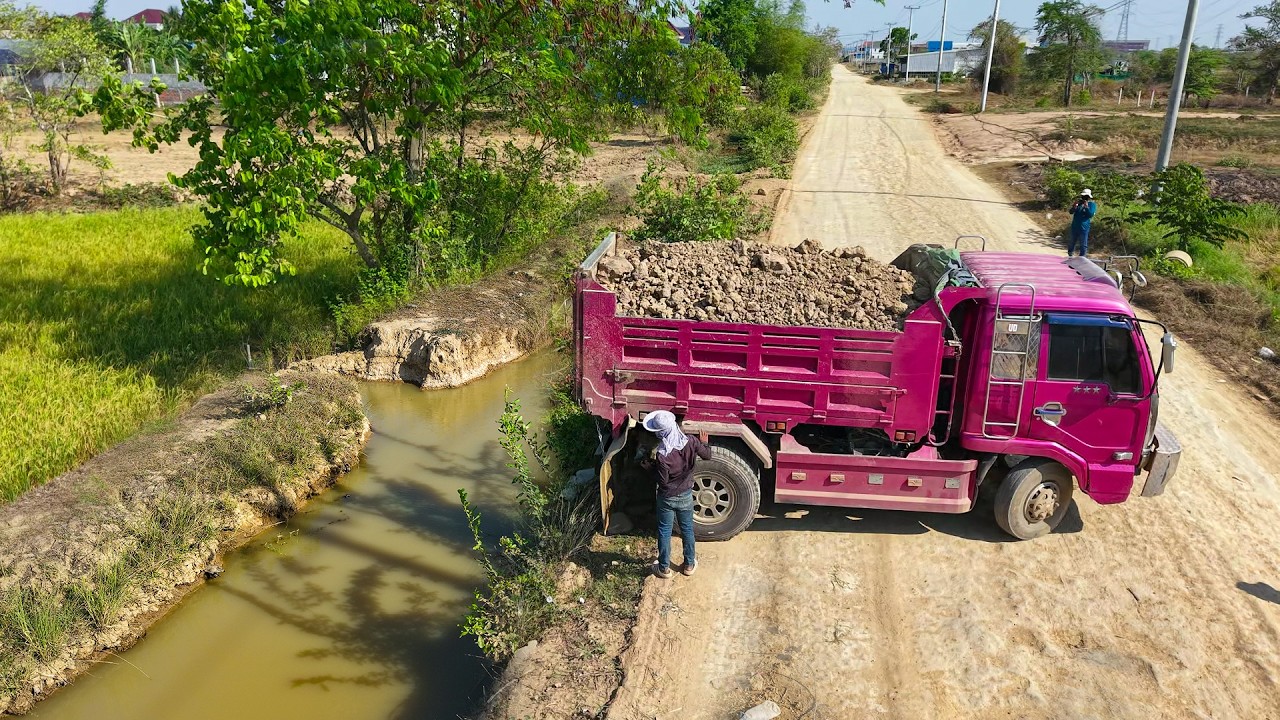 Starting a New Project! D20 Dozer Pushes Soil to Clear Wide Waterway with 5T Truck