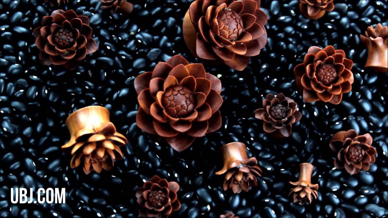 Carved Camellia Flower Wood Plugs (4 Gauge - 1 & 1/4