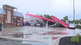 Gas station overhang collapses on pump, causing fire in Farmington Hills