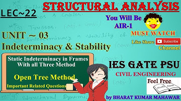 Structural Analysis~Lec 22~U3~Indeterminacy & Stability (Open Tree Method) by Bharat Kumar Mahawar