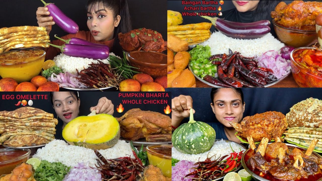 Spicy🔥whole chicken curry, omelette,baingan/pumpkin bharta with basmati rice😋| Bigbites mukbang asmr