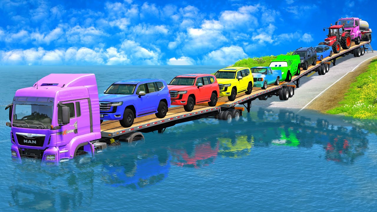 Flatbed Truck McQueen | Transportation with Truck - Pothole vs Car #74 BeamNG.Drive Gameplay