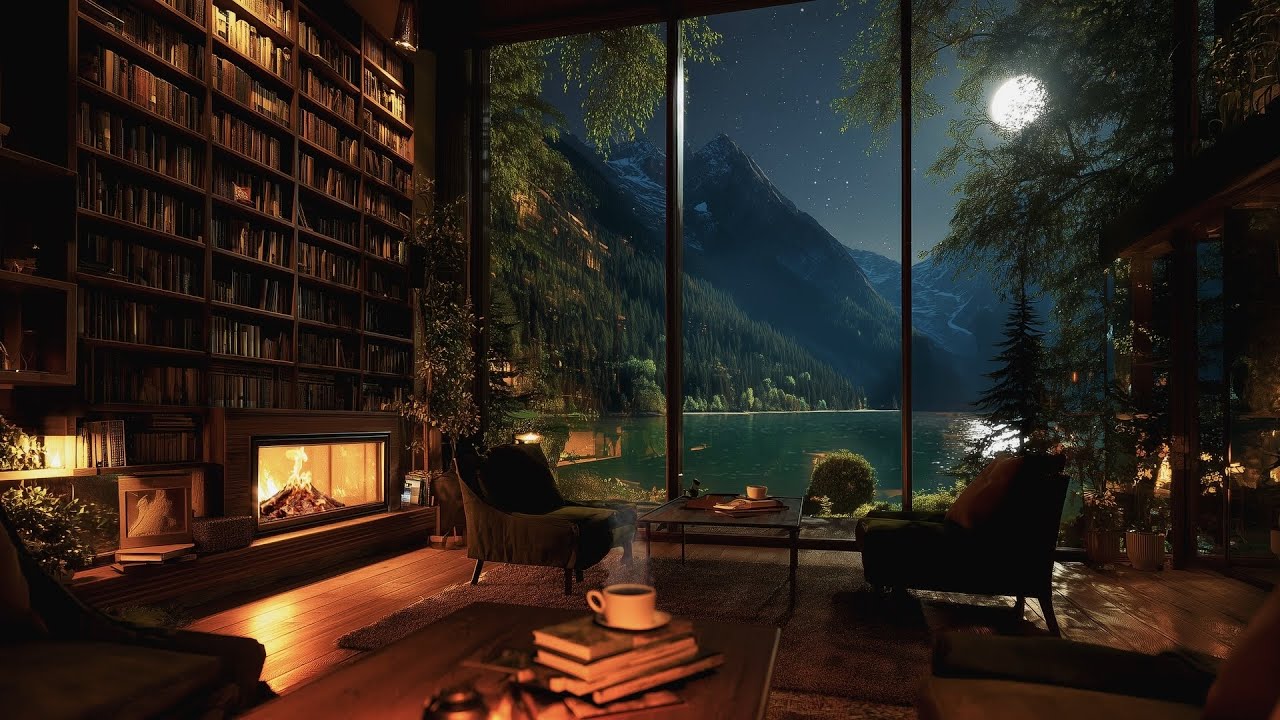 ⛰️Forest Therapy Night Ambience with Cracking Fireplace,Warm Jazz & Ambient Sounds for Calm Mind