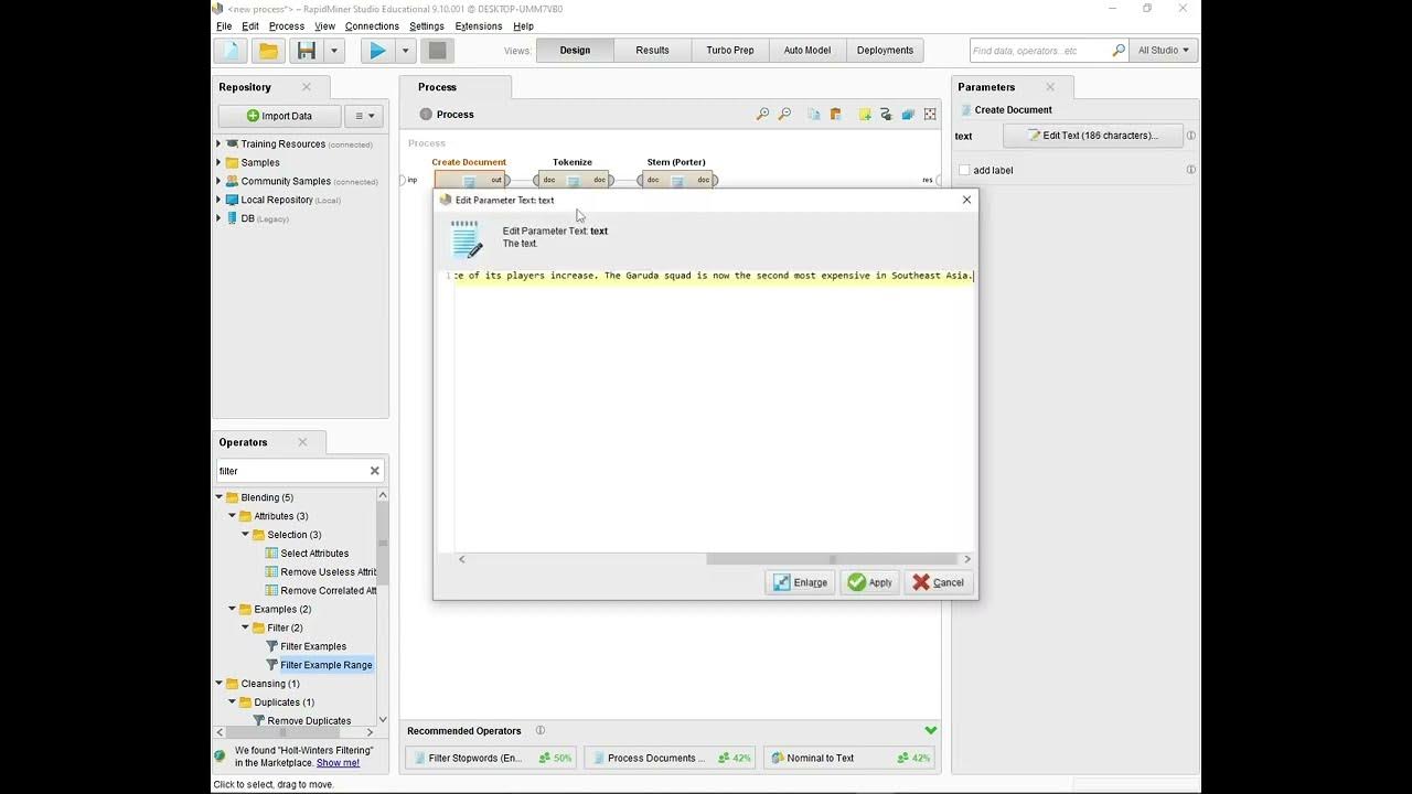 RapidMiner Studio Stemming, Sort, Filter Example Range YouTube