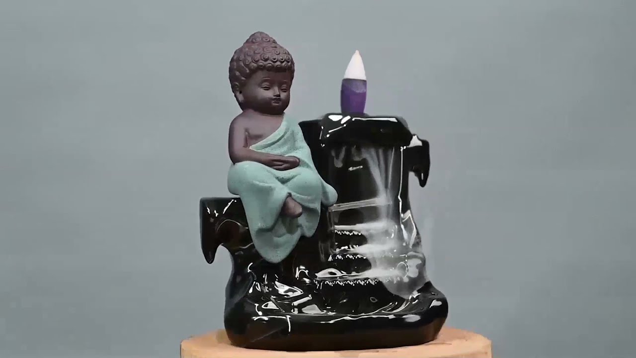 Ceramic green Little Buddha waterfall Backflow Incense burner