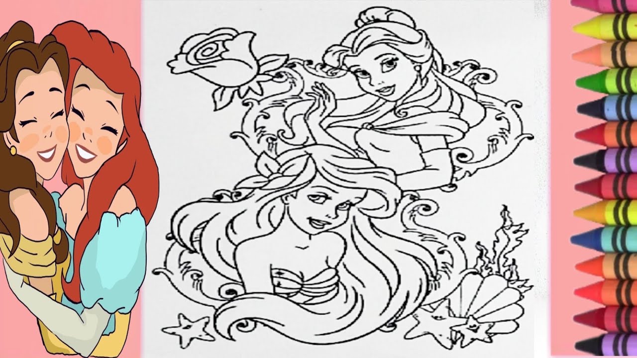 Princess Belle And Mermaid Coloring Book Page/How to color Disney Princess coloring book page