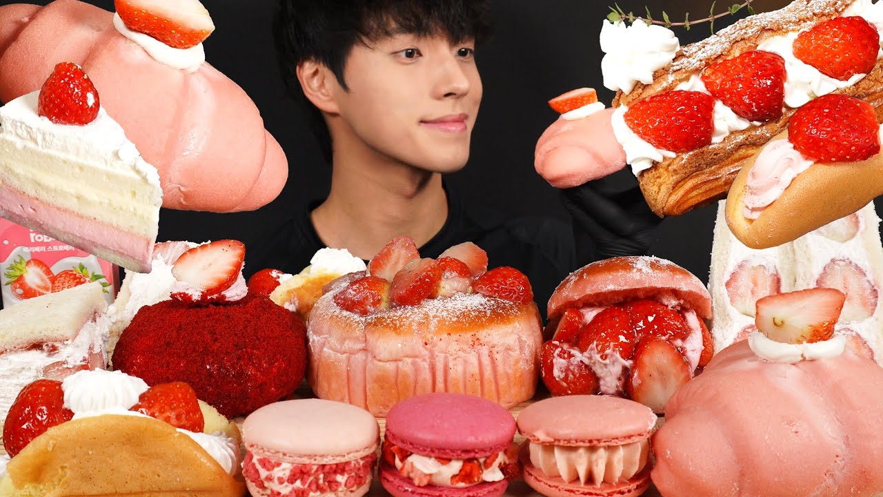 ASMR MUKBANG STRAWBERRY CAKE & DONUT & MACARON & SANDWICHE & STRAWBERRY BUTTER AND SEA SALT PASTRY 🍓