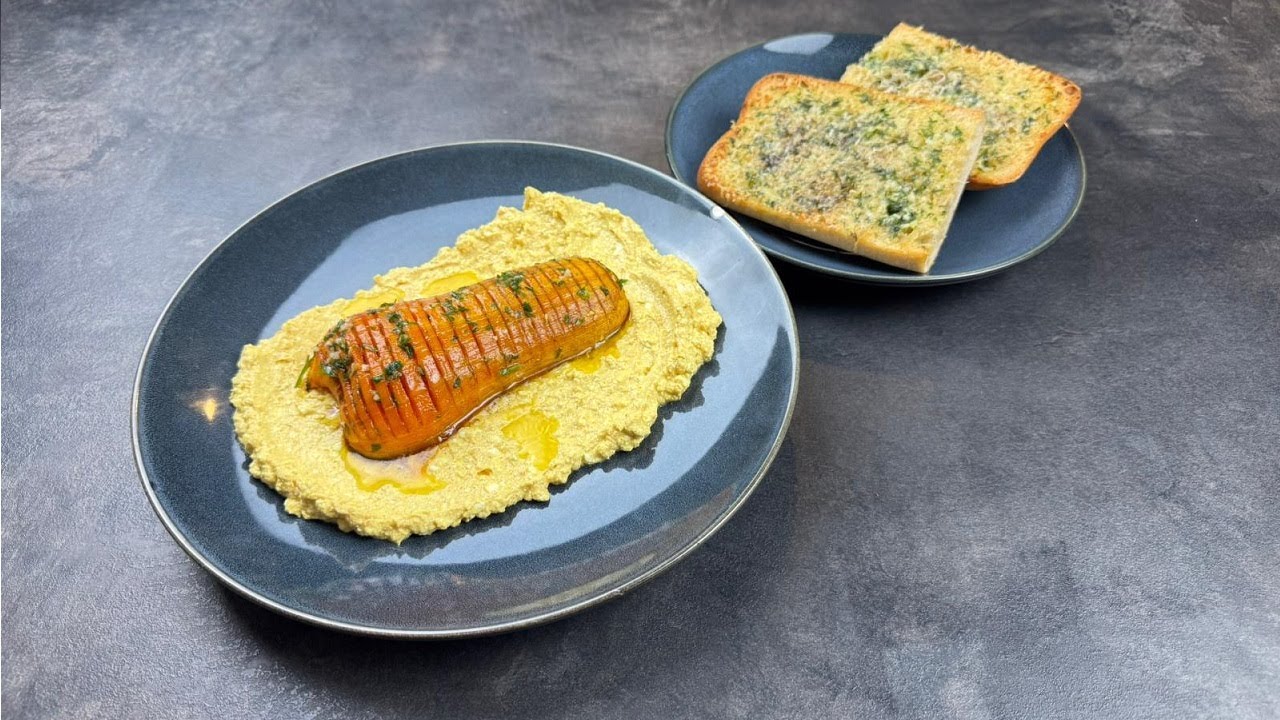 🎃 Butternut Kürbis auf Curry Feta Honig Dip und selbstgemachten Knoblauchbrot 🎃
