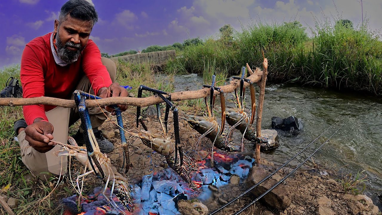 ओढ्यात पकडले मोठे झिंगे आणि तिथेच बनवली चवदार तंदुरी झिंगा रेसिपि,giant river prawns catch&cook