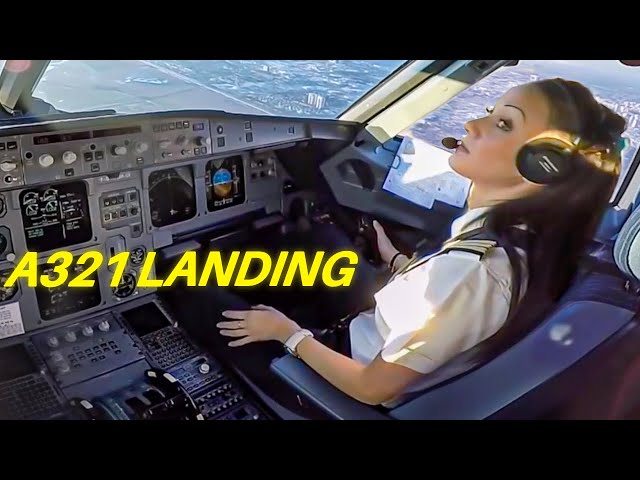 Beautiful FEMALE PILOT Landing Airbus A321 Cockpit View class=