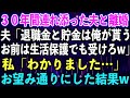 【スカッとする話】30年間連れ添った夫と離婚。夫「退職金と貯金は俺が貰う、お前は生活保護でも受けろw」私「わかりました…」お望み通りにした結果w【修羅場】