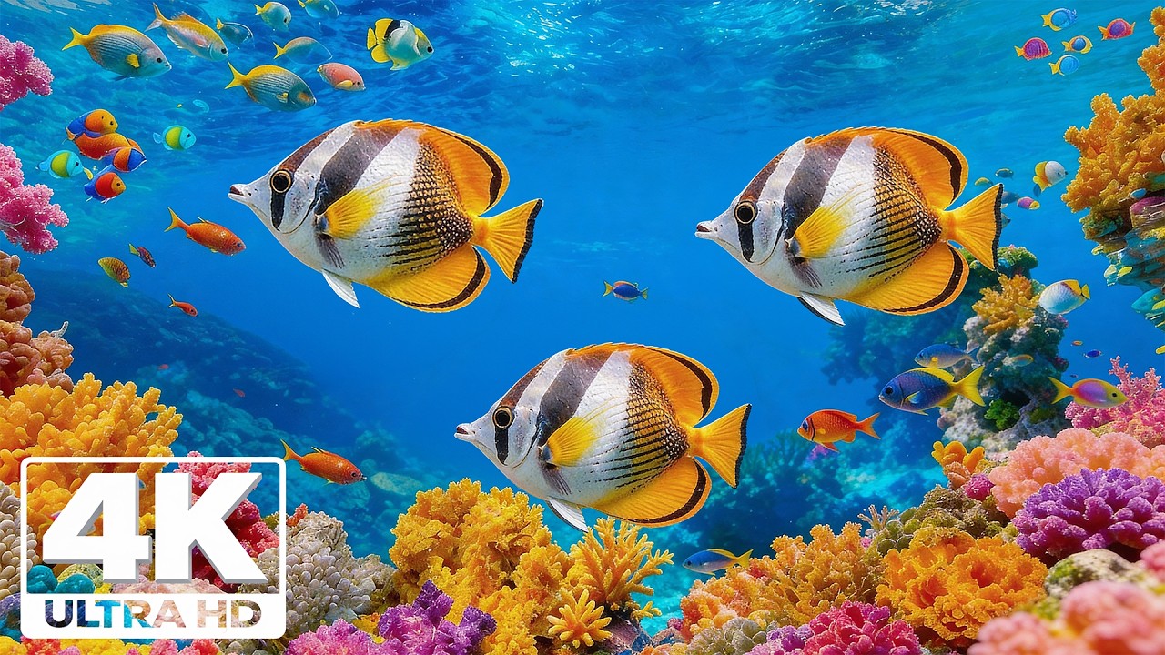 Океанский аквариум в формате 4K – прекрасные тропические рыбки и успокаивающая подводная атмосфера.