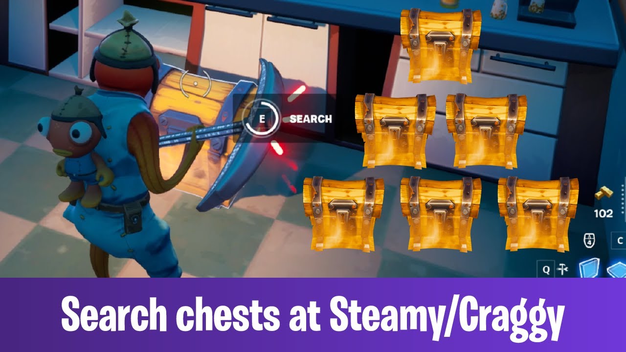 Fortnite เควสต์ม่วง Search chests at Steamy Stacks or Craggy Cliffs