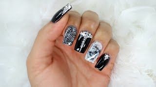How To: Black Glam Nails with Bling + 3D Encapsulated Rose