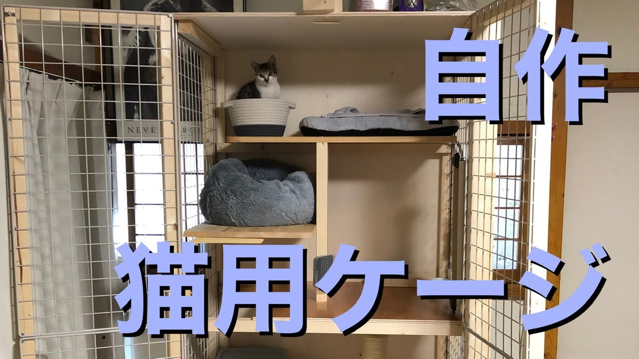 Diy 自作した猫のケージを紹介します キャットタワーの様なサイズですが キャスター付きで移動が簡単 爪研ぎ トイレも完備しています ごはんの前の芸 おすわり お手 ハイタッチ もご覧下さい Youtube