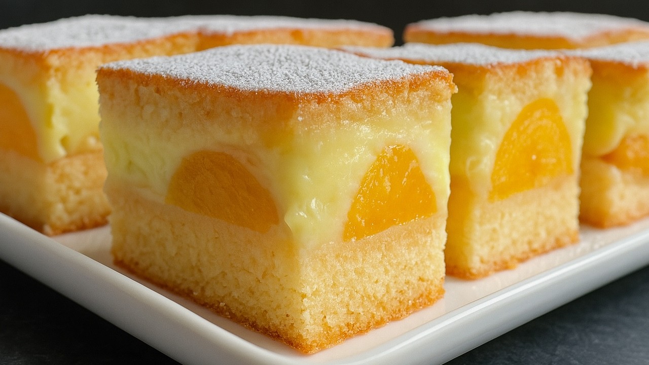 Easy Peach Cake Recipe! with Homemade Custard - Peach dessert recipe