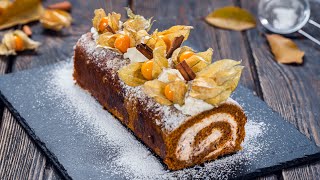 Caramel Pecan Pumpkin Roll with Caramel Cream Cheese Filling